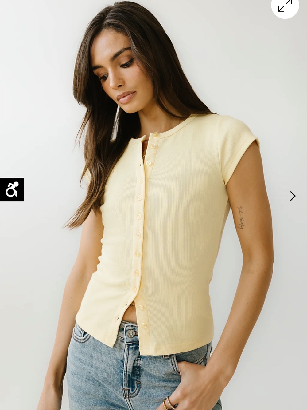 bohme Pale Yellow Ribbed Button-Front Cap Sleeve Top